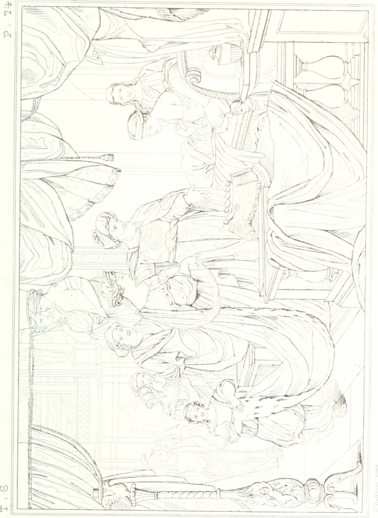 An illustration from Musée de peinture et de sculpture; ou, Recueil des principaux tableaux, statues et bas-reliefs des collections publiques et particulières de l'Europe. Dessiné et gravé à l'eau-forte par Réveil, avec des notices descriptives, critiques et historiques par Louis et Réné Ménard, 1872, leaf 254