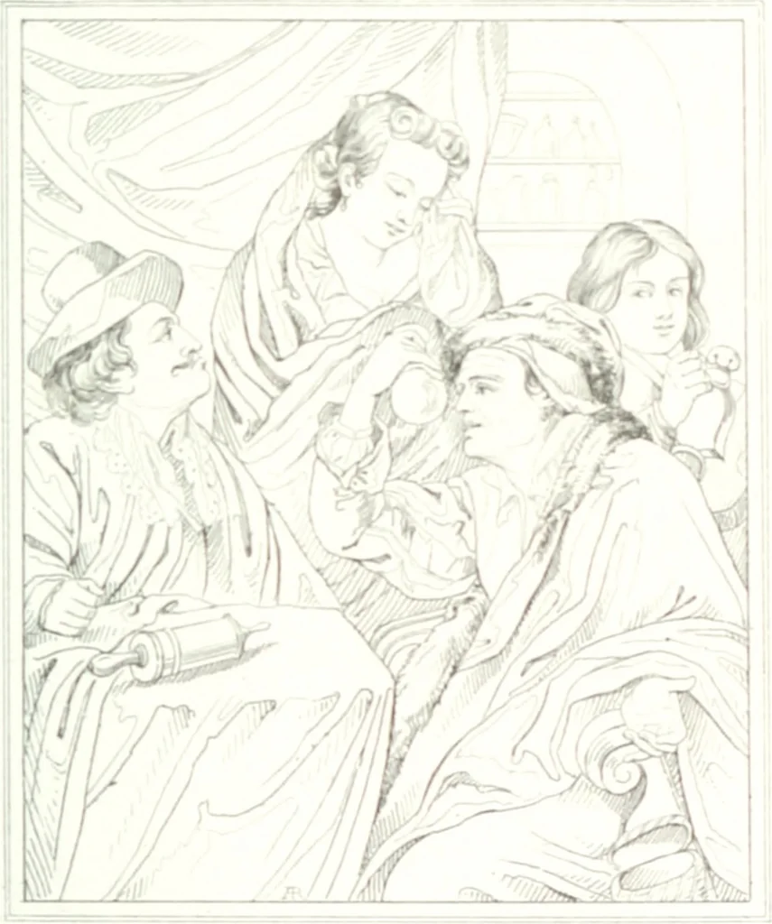 An illustration from Musée de peinture et de sculpture; ou, Recueil des principaux tableaux, statues et bas-reliefs des collections publiques et particulières de l'Europe. Dessiné et gravé à l'eau-forte par Réveil, avec des notices descriptives, critiques et historiques par Louis et Réné Ménard, 1872, leaf 260