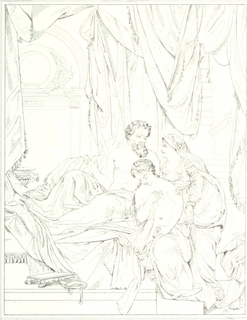 An illustration from Musée de peinture et de sculpture; ou, Recueil des principaux tableaux, statues et bas-reliefs des collections publiques et particulières de l'Europe. Dessiné et gravé à l'eau-forte par Réveil, avec des notices descriptives, critiques et historiques par Louis et Réné Ménard, 1872, leaf 262
