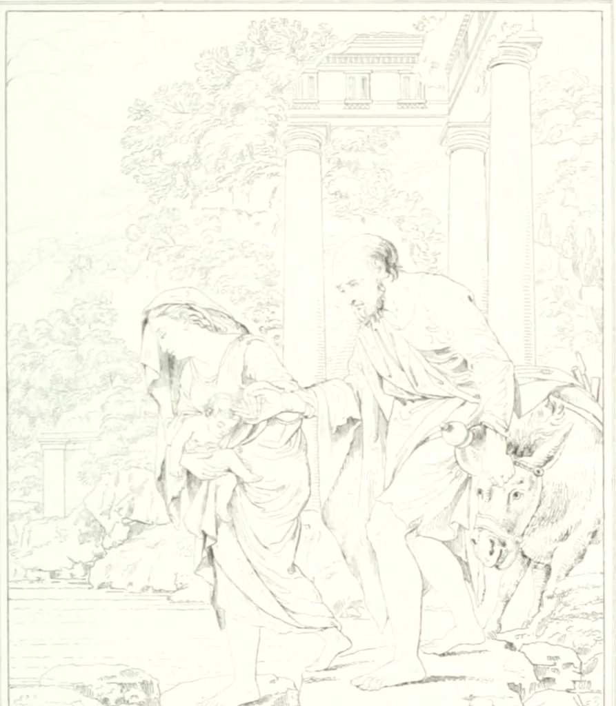 An illustration from Musée de peinture et de sculpture; ou, Recueil des principaux tableaux, statues et bas-reliefs des collections publiques et particulières de l'Europe. Dessiné et gravé à l'eau-forte par Réveil, avec des notices descriptives, critiques et historiques par Louis et Réné Ménard, 1872, leaf 266