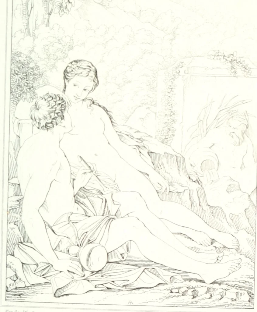 An illustration from Musée de peinture et de sculpture; ou, Recueil des principaux tableaux, statues et bas-reliefs des collections publiques et particulières de l'Europe. Dessiné et gravé à l'eau-forte par Réveil, avec des notices descriptives, critiques et historiques par Louis et Réné Ménard, 1872, leaf 276