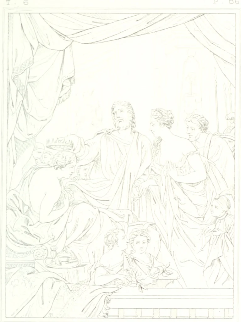 An illustration from Musée de peinture et de sculpture; ou, Recueil des principaux tableaux, statues et bas-reliefs des collections publiques et particulières de l'Europe. Dessiné et gravé à l'eau-forte par Réveil, avec des notices descriptives, critiques et historiques par Louis et Réné Ménard, 1872, leaf 278