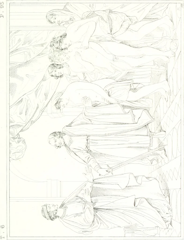 An illustration from Musée de peinture et de sculpture; ou, Recueil des principaux tableaux, statues et bas-reliefs des collections publiques et particulières de l'Europe. Dessiné et gravé à l'eau-forte par Réveil, avec des notices descriptives, critiques et historiques par Louis et Réné Ménard, 1872, leaf 296