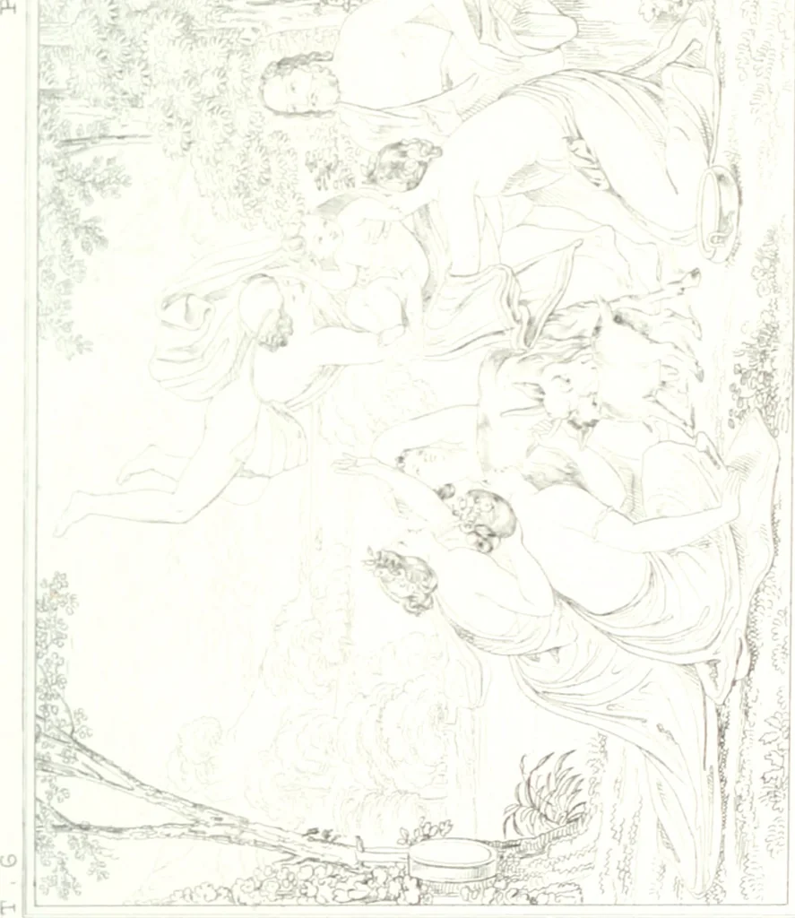 An illustration from Musée de peinture et de sculpture; ou, Recueil des principaux tableaux, statues et bas-reliefs des collections publiques et particulières de l'Europe. Dessiné et gravé à l'eau-forte par Réveil, avec des notices descriptives, critiques et historiques par Louis et Réné Ménard, 1872, leaf 316