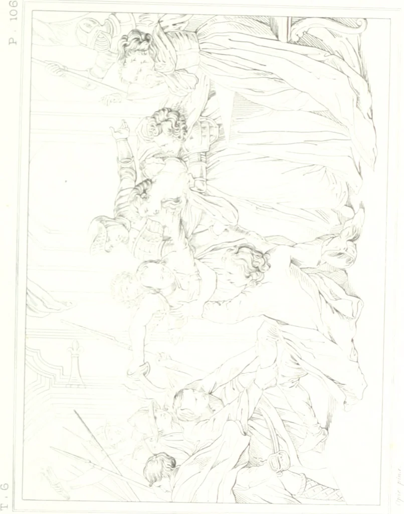 An illustration from Musée de peinture et de sculpture; ou, Recueil des principaux tableaux, statues et bas-reliefs des collections publiques et particulières de l'Europe. Dessiné et gravé à l'eau-forte par Réveil, avec des notices descriptives, critiques et historiques par Louis et Réné Ménard, 1872, leaf 318
