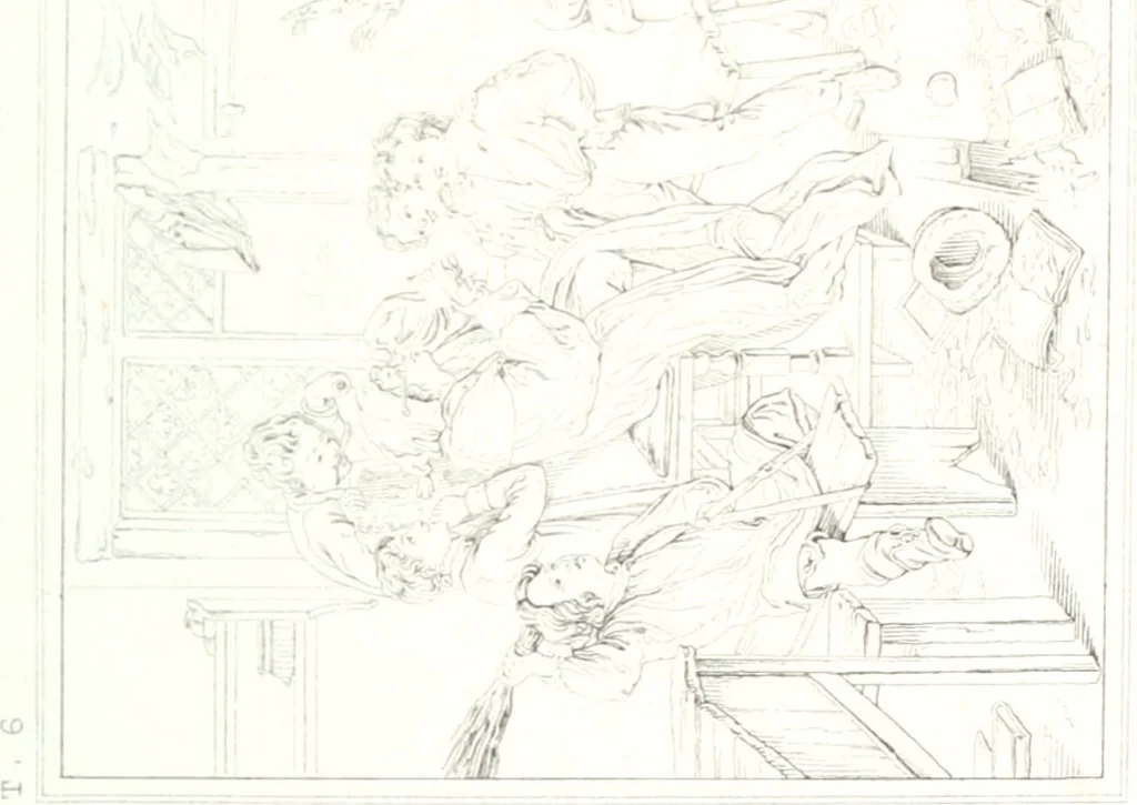 An illustration from Musée de peinture et de sculpture; ou, Recueil des principaux tableaux, statues et bas-reliefs des collections publiques et particulières de l'Europe. Dessiné et gravé à l'eau-forte par Réveil, avec des notices descriptives, critiques et historiques par Louis et Réné Ménard, 1872, leaf 324