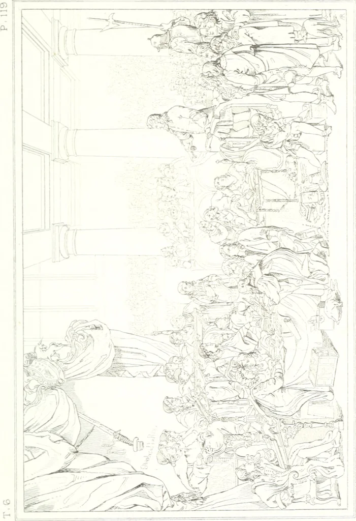 An illustration from Musée de peinture et de sculpture; ou, Recueil des principaux tableaux, statues et bas-reliefs des collections publiques et particulières de l'Europe. Dessiné et gravé à l'eau-forte par Réveil, avec des notices descriptives, critiques et historiques par Louis et Réné Ménard, 1872, leaf 344