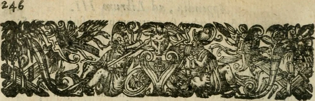 An illustration from Musei, siue Bibliothecae tam priuatae quàm publicae extructio, instructio, cura, vsus libri IV : accessit accurata descriptio Regiae bibliothecae S. Laurentii Escurialis : insuper Paraenesis allegorica ad amorem literarum : opus multiplici eruditione sacra simul et humana refertum, praeceptis moralibus et literariis, architecturae et picturae subiectionibus, inscriptionibus et emblematis, antiquitatis philologicae monumentis, atque oratoriis schematis utiliter et amoene tessellatum, 1635, leaf 869
