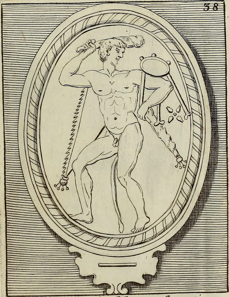 An illustration from Museum Cortonense : in quo vetera monumenta complectuntur anaglypha, thoreumata, gemmae inscalptae insculptaeque quae in Academia etrusca ceterisque nobilium virorum domibus adservantur, in plurimus tabulis aereis distributum, 1750, leaf 222