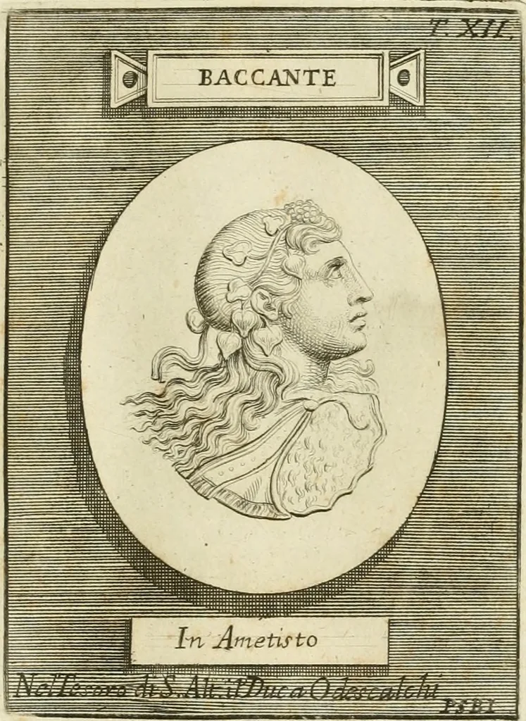 An illustration from Museum Odescalchum, sive, Thesaurus antiquarum gemmarum : cum imaginibus in iisdem insculptis, et iisdem exsculptis, quæ a serenissima Christina svecorum regina collectæ in Museo Odescalcho adservantur, et a Petro Sancte Bartolo quondam incisæ, nunc primum in lucem proferuntur .., 1751, leaf 138