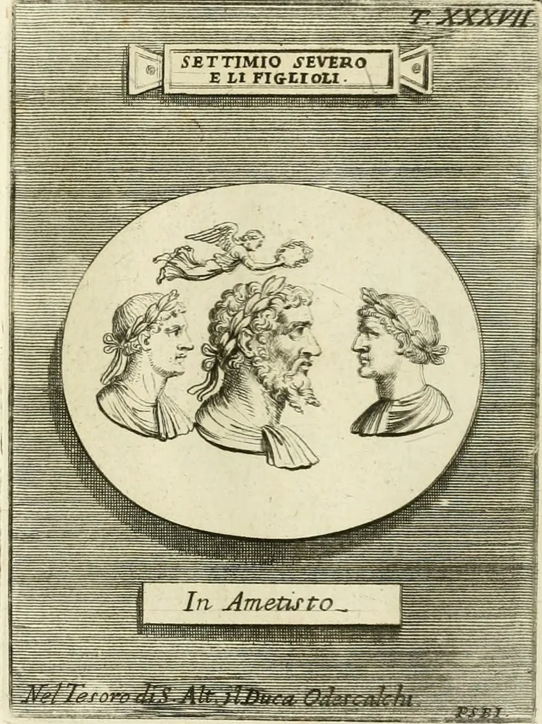 An illustration from Museum Odescalchum, sive, Thesaurus antiquarum gemmarum : cum imaginibus in iisdem insculptis, et iisdem exsculptis, quæ a serenissima Christina svecorum regina collectæ in Museo Odescalcho adservantur, et a Petro Sancte Bartolo quondam incisæ, nunc primum in lucem proferuntur .., 1751, leaf 188