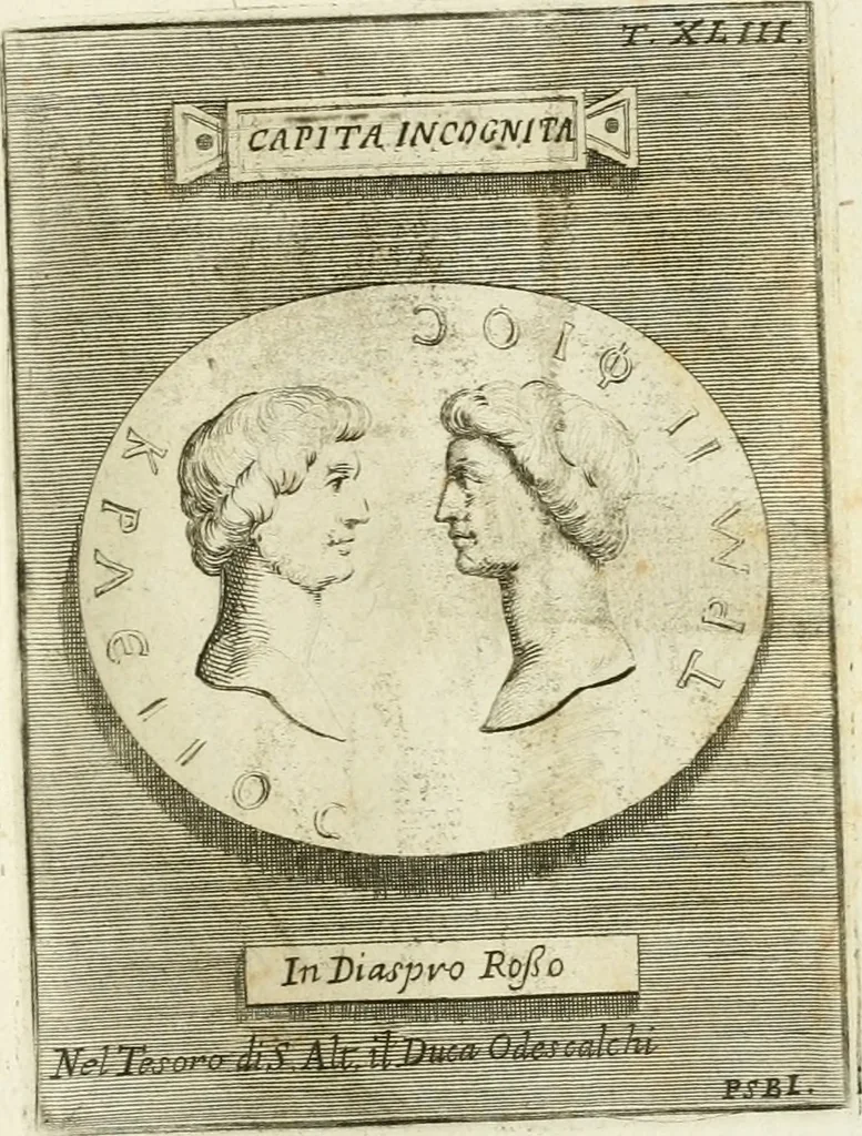 An illustration from Museum Odescalchum, sive, Thesaurus antiquarum gemmarum : cum imaginibus in iisdem insculptis, et iisdem exsculptis, quæ a serenissima Christina svecorum regina collectæ in Museo Odescalcho adservantur, et a Petro Sancte Bartolo quondam incisæ, nunc primum in lucem proferuntur .., 1751, leaf 200