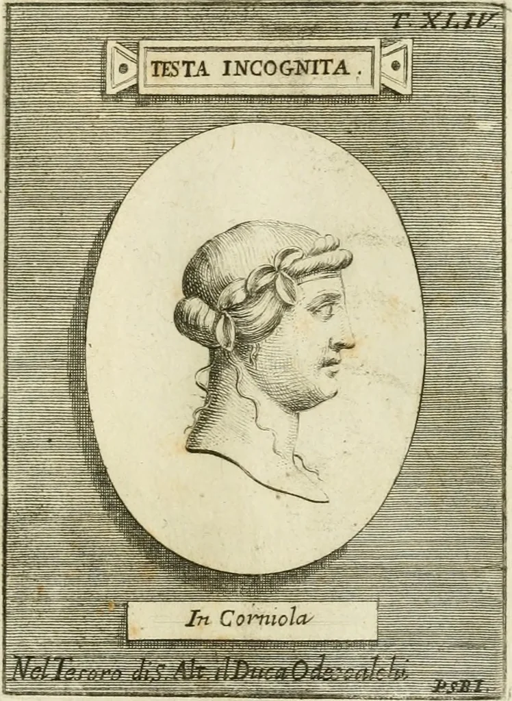 An illustration from Museum Odescalchum, sive, Thesaurus antiquarum gemmarum : cum imaginibus in iisdem insculptis, et iisdem exsculptis, quæ a serenissima Christina svecorum regina collectæ in Museo Odescalcho adservantur, et a Petro Sancte Bartolo quondam incisæ, nunc primum in lucem proferuntur .., 1751, leaf 202