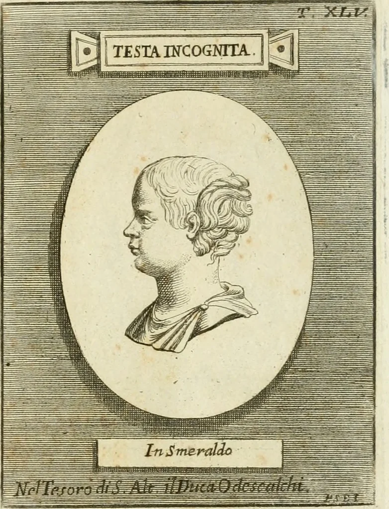 An illustration from Museum Odescalchum, sive, Thesaurus antiquarum gemmarum : cum imaginibus in iisdem insculptis, et iisdem exsculptis, quæ a serenissima Christina svecorum regina collectæ in Museo Odescalcho adservantur, et a Petro Sancte Bartolo quondam incisæ, nunc primum in lucem proferuntur .., 1751, leaf 204