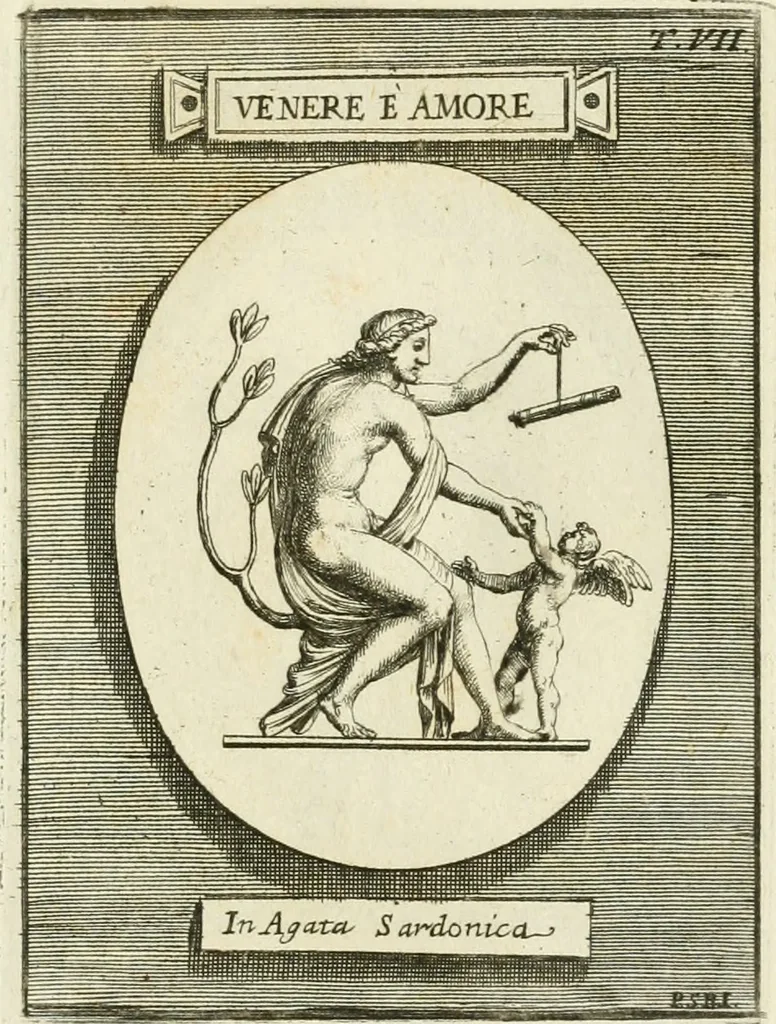 An illustration from Museum Odescalchum, sive, Thesaurus antiquarum gemmarum : cum imaginibus in iisdem insculptis, et iisdem exsculptis, quæ a serenissima Christina svecorum regina collectæ in Museo Odescalcho adservantur, et a Petro Sancte Bartolo quondam incisæ, nunc primum in lucem proferuntur .., 1751, leaf 168