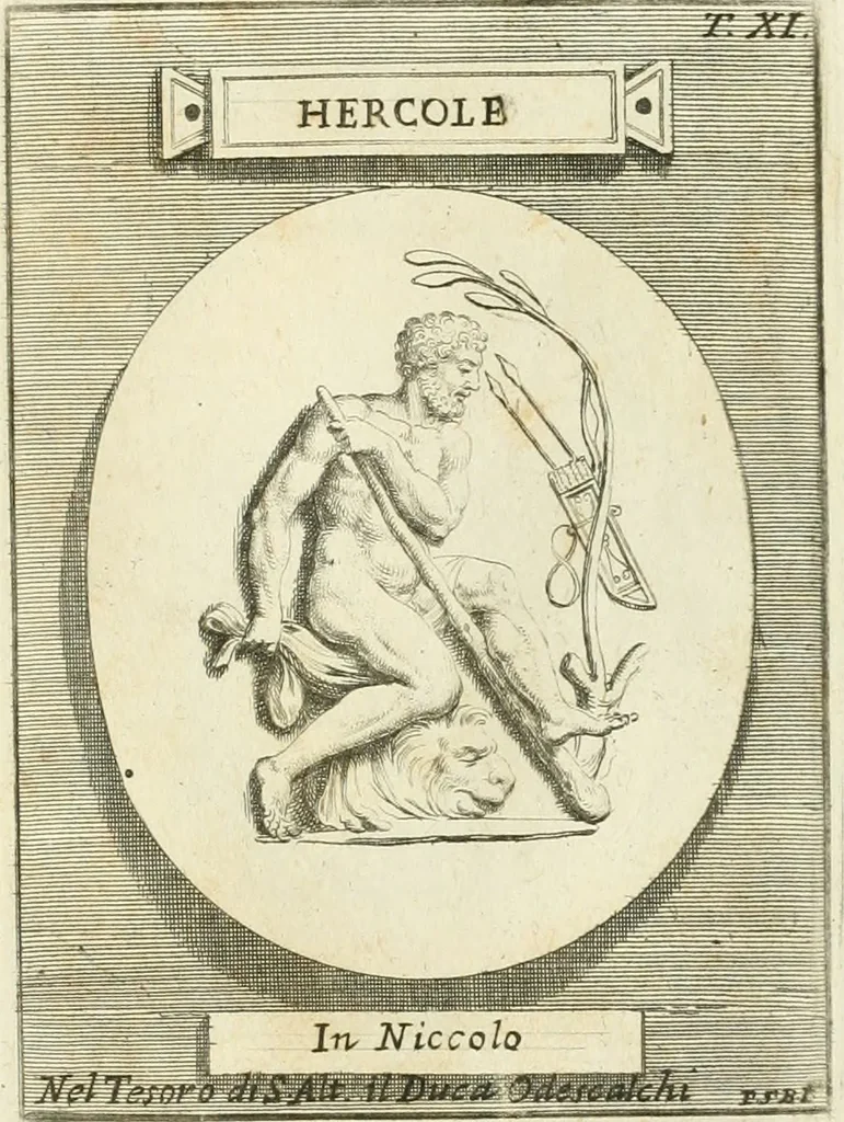 An illustration from Museum Odescalchum, sive, Thesaurus antiquarum gemmarum : cum imaginibus in iisdem insculptis, et iisdem exsculptis, quæ a serenissima Christina svecorum regina collectæ in Museo Odescalcho adservantur, et a Petro Sancte Bartolo quondam incisæ, nunc primum in lucem proferuntur .., 1751, leaf 176