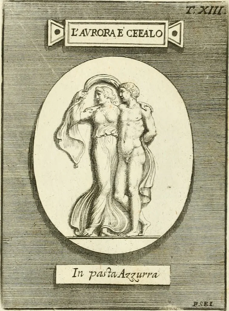 An illustration from Museum Odescalchum, sive, Thesaurus antiquarum gemmarum : cum imaginibus in iisdem insculptis, et iisdem exsculptis, quæ a serenissima Christina svecorum regina collectæ in Museo Odescalcho adservantur, et a Petro Sancte Bartolo quondam incisæ, nunc primum in lucem proferuntur .., 1751, leaf 180