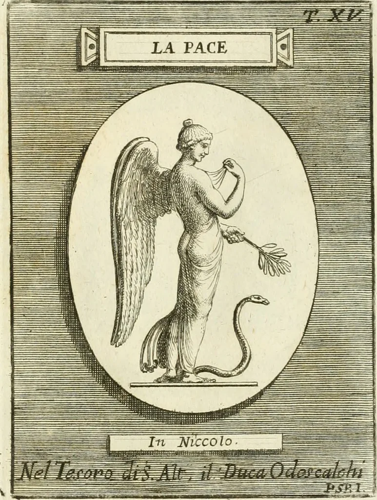 An illustration from Museum Odescalchum, sive, Thesaurus antiquarum gemmarum : cum imaginibus in iisdem insculptis, et iisdem exsculptis, quæ a serenissima Christina svecorum regina collectæ in Museo Odescalcho adservantur, et a Petro Sancte Bartolo quondam incisæ, nunc primum in lucem proferuntur .., 1751, leaf 184