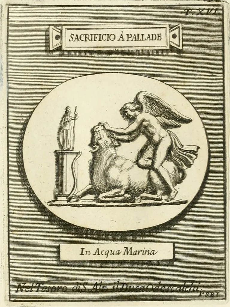 An illustration from Museum Odescalchum, sive, Thesaurus antiquarum gemmarum : cum imaginibus in iisdem insculptis, et iisdem exsculptis, quæ a serenissima Christina svecorum regina collectæ in Museo Odescalcho adservantur, et a Petro Sancte Bartolo quondam incisæ, nunc primum in lucem proferuntur .., 1751, leaf 186