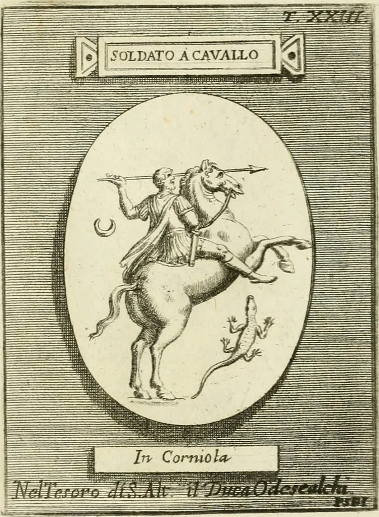 An illustration from Museum Odescalchum, sive, Thesaurus antiquarum gemmarum : cum imaginibus in iisdem insculptis, et iisdem exsculptis, quæ a serenissima Christina svecorum regina collectæ in Museo Odescalcho adservantur, et a Petro Sancte Bartolo quondam incisæ, nunc primum in lucem proferuntur .., 1751, leaf 200