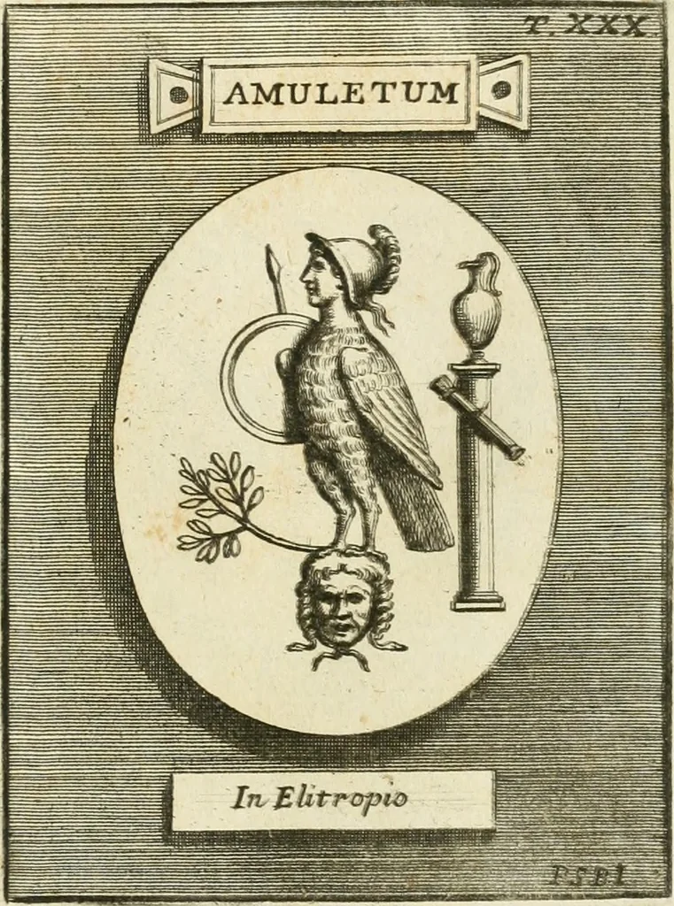 An illustration from Museum Odescalchum, sive, Thesaurus antiquarum gemmarum : cum imaginibus in iisdem insculptis, et iisdem exsculptis, quæ a serenissima Christina svecorum regina collectæ in Museo Odescalcho adservantur, et a Petro Sancte Bartolo quondam incisæ, nunc primum in lucem proferuntur .., 1751, leaf 214
