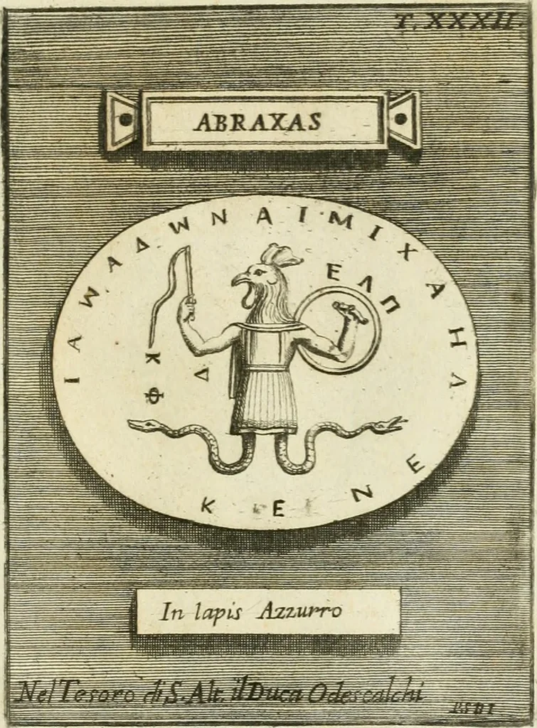 An illustration from Museum Odescalchum, sive, Thesaurus antiquarum gemmarum : cum imaginibus in iisdem insculptis, et iisdem exsculptis, quæ a serenissima Christina svecorum regina collectæ in Museo Odescalcho adservantur, et a Petro Sancte Bartolo quondam incisæ, nunc primum in lucem proferuntur .., 1751, leaf 218