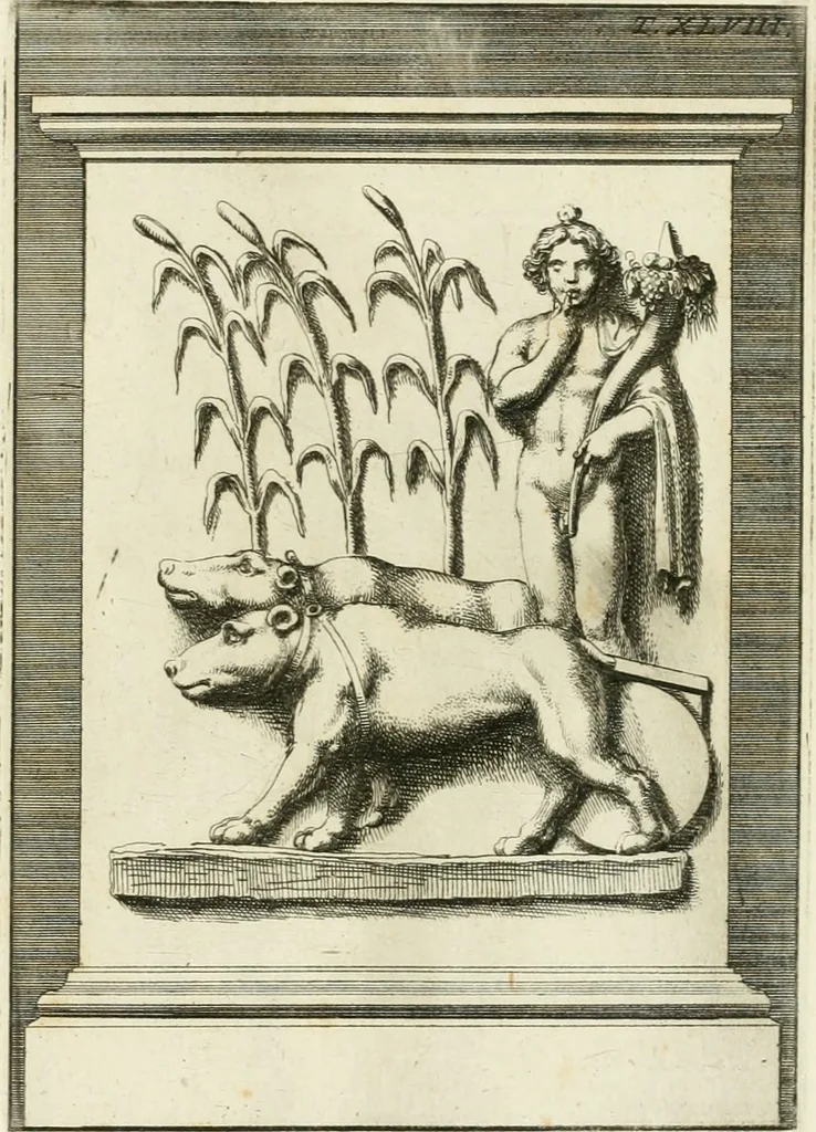 An illustration from Museum Odescalchum, sive, Thesaurus antiquarum gemmarum : cum imaginibus in iisdem insculptis, et iisdem exsculptis, quæ a serenissima Christina svecorum regina collectæ in Museo Odescalcho adservantur, et a Petro Sancte Bartolo quondam incisæ, nunc primum in lucem proferuntur .., 1751, leaf 254