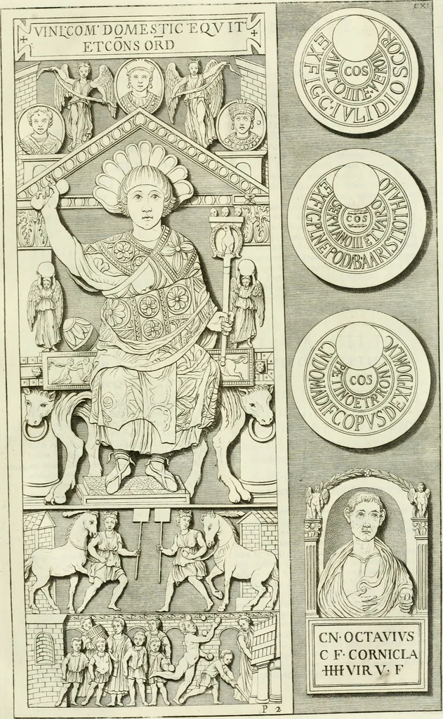 An illustration from Museum veronense, hoc est, Antiquarum inscriptionum atque anaglyphorum collectio : cui Taurinensis adiungitur et Vindobonensis : accedunt monumenta id genus plurima nondum vulgata, et ubicumque collecta, 1749, leaf 146