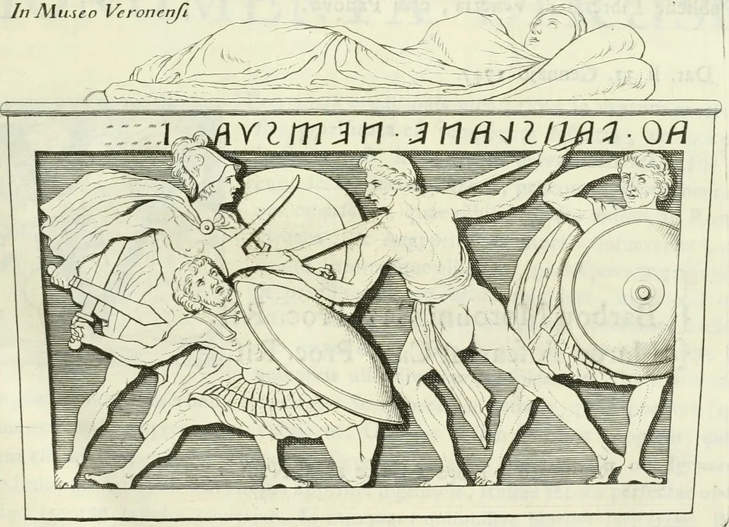 An illustration from Museum veronense, hoc est, Antiquarum inscriptionum atque anaglyphorum collectio : cui Taurinensis adiungitur et Vindobonensis : accedunt monumenta id genus plurima nondum vulgata, et ubicumque collecta, 1749, leaf 34