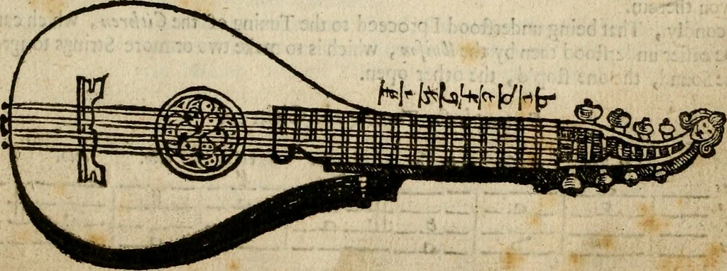 An illustration from Musick's delight on the cithren : restored and refined to a more easie and pleasant manner of playing than formerly ; and set forth with lessons al a mode, being the choicest of our late new ayres, corants, sarabands, tunes, and jiggs, 1666, leaf 14