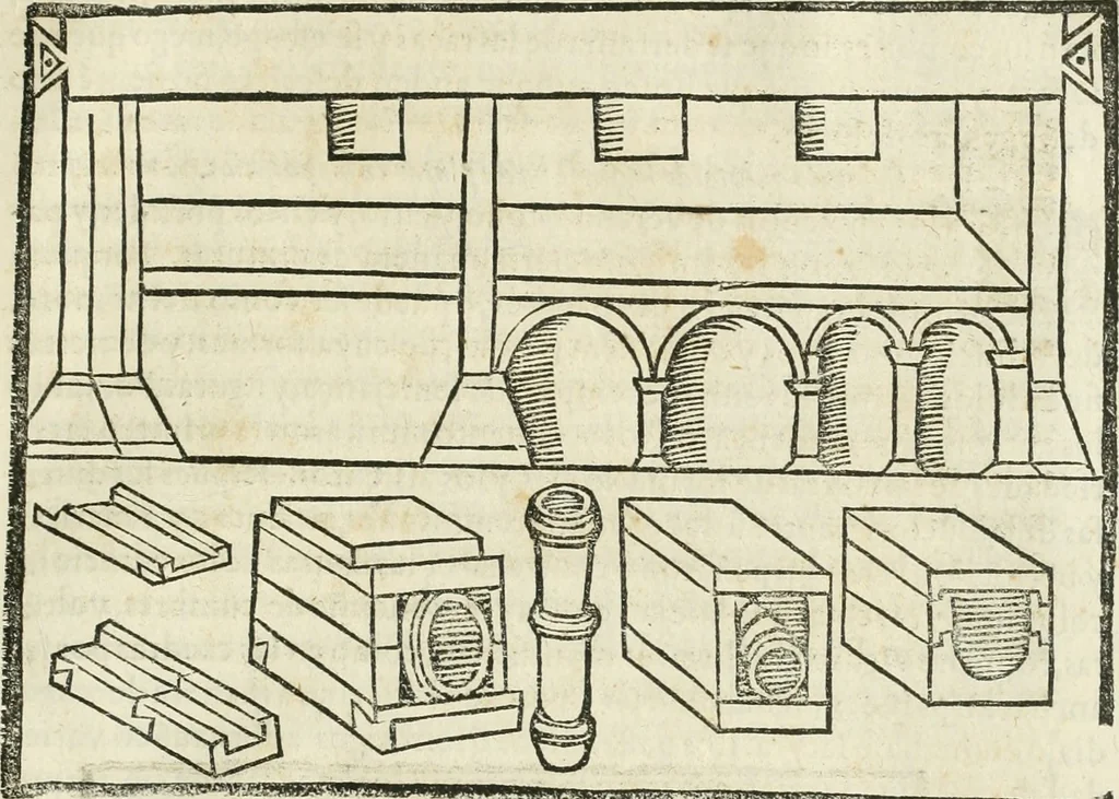 An illustration from M. Vitruuio Pollion De architectura : diuidido en diez libros, traduzidos de Latin en Castellano por Miguel de Vrrea architecto, y facado en su perfectio por Iuan Gracian impressor vezino de Alcala, 1582, leaf 198