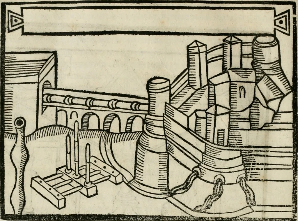 An illustration from M. Vitruuio Pollion De architectura : diuidido en diez libros, traduzidos de Latin en Castellano por Miguel de Vrrea architecto, y facado en su perfectio por Iuan Gracian impressor vezino de Alcala, 1582, leaf 223