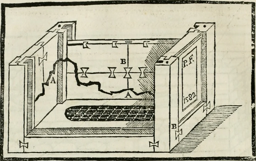 An illustration from M. Vitruuio Pollion De architectura : diuidido en diez libros, traduzidos de Latin en Castellano por Miguel de Vrrea architecto, y facado en su perfectio por Iuan Gracian impressor vezino de Alcala, 1582, leaf 61