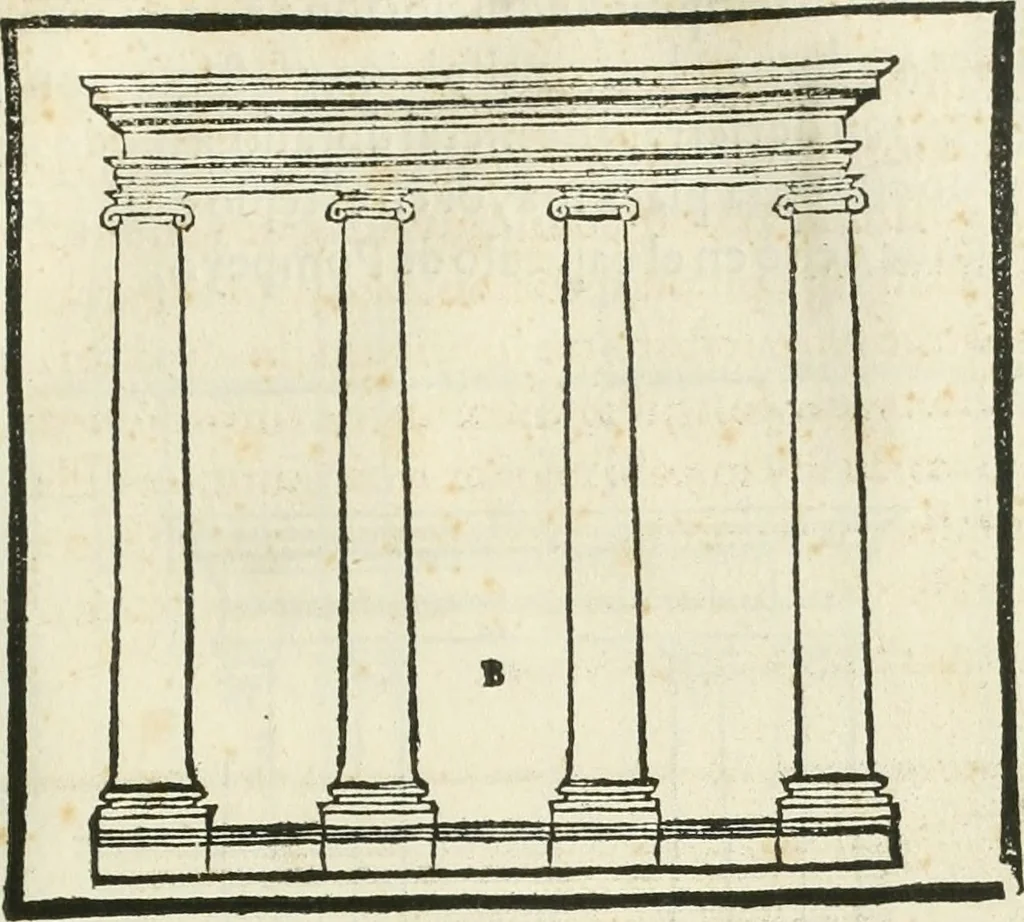 An illustration from M. Vitruuio Pollion De architectura : diuidido en diez libros, traduzidos de Latin en Castellano por Miguel de Vrrea architecto, y facado en su perfectio por Iuan Gracian impressor vezino de Alcala, 1582, leaf 84
