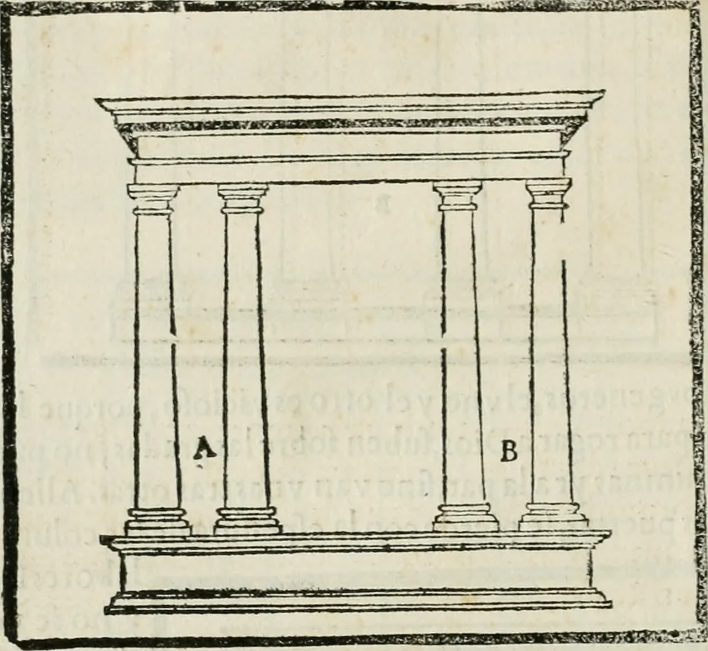 An illustration from M. Vitruuio Pollion De architectura : diuidido en diez libros, traduzidos de Latin en Castellano por Miguel de Vrrea architecto, y facado en su perfectio por Iuan Gracian impressor vezino de Alcala, 1582, leaf 85