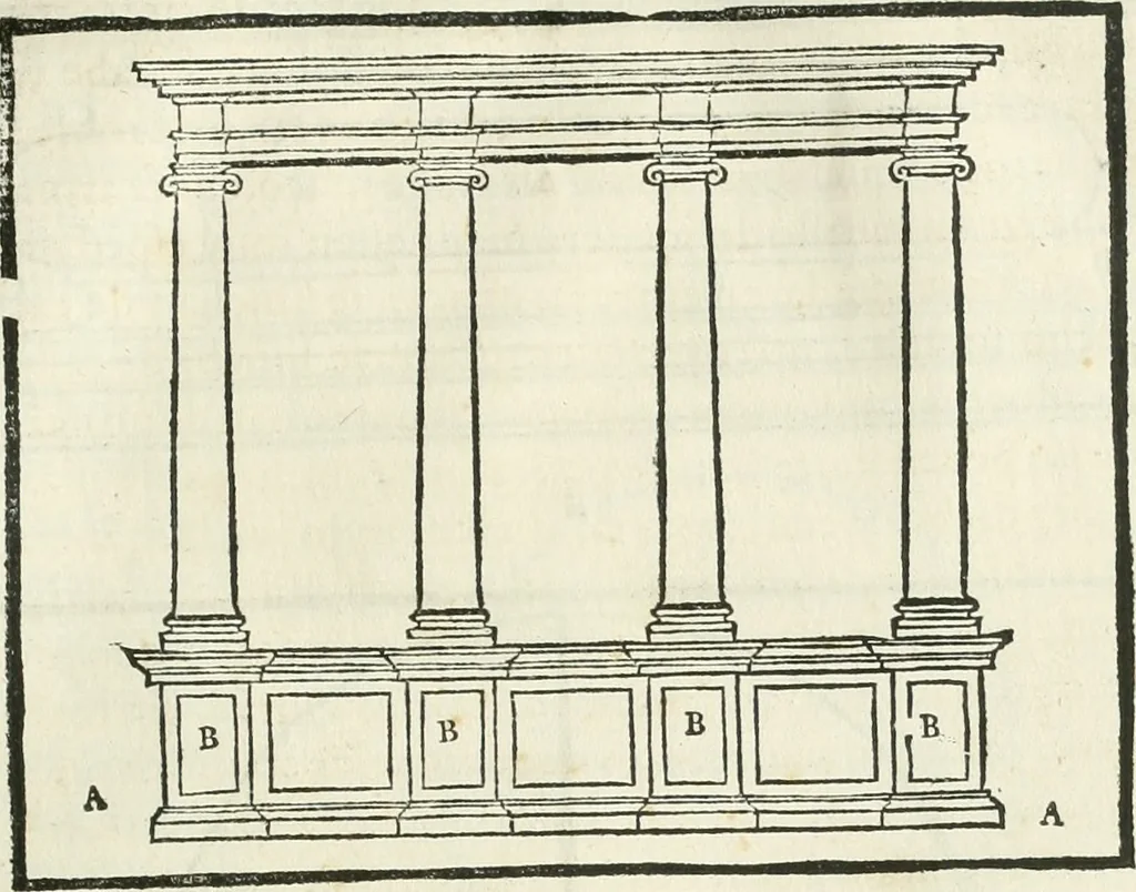 An illustration from M. Vitruuio Pollion De architectura : diuidido en diez libros, traduzidos de Latin en Castellano por Miguel de Vrrea architecto, y facado en su perfectio por Iuan Gracian impressor vezino de Alcala, 1582, leaf 90
