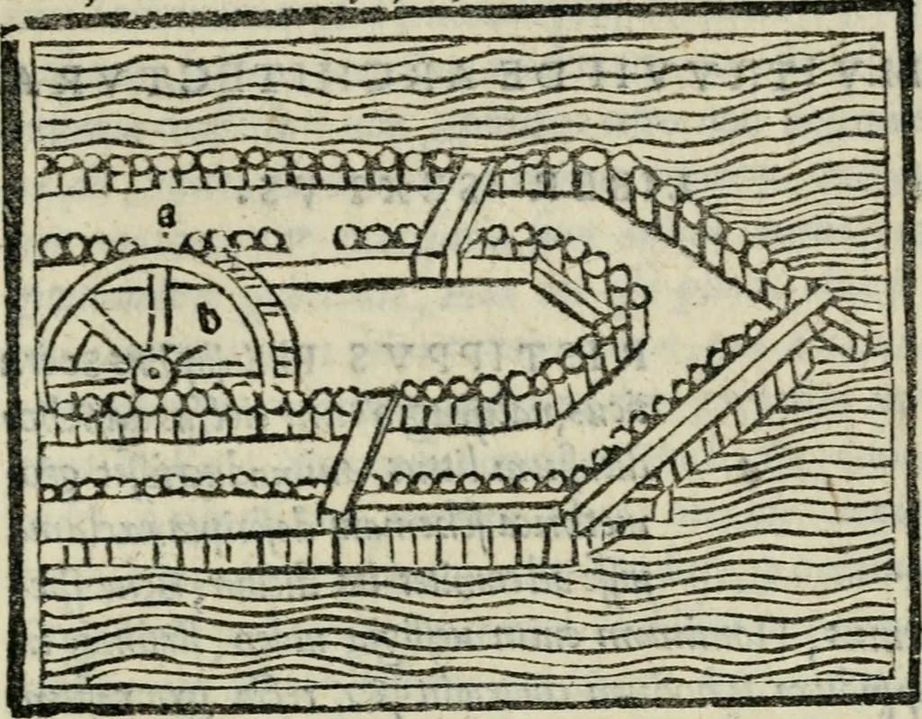 An illustration from M. Vitrvvii De architectvra libri decem : nuper maxima diligentia castigati atq[ue] excusi : additis Iulij Frontini De aqueductibus libris propter materiae affinitatem, 1522, leaf 200