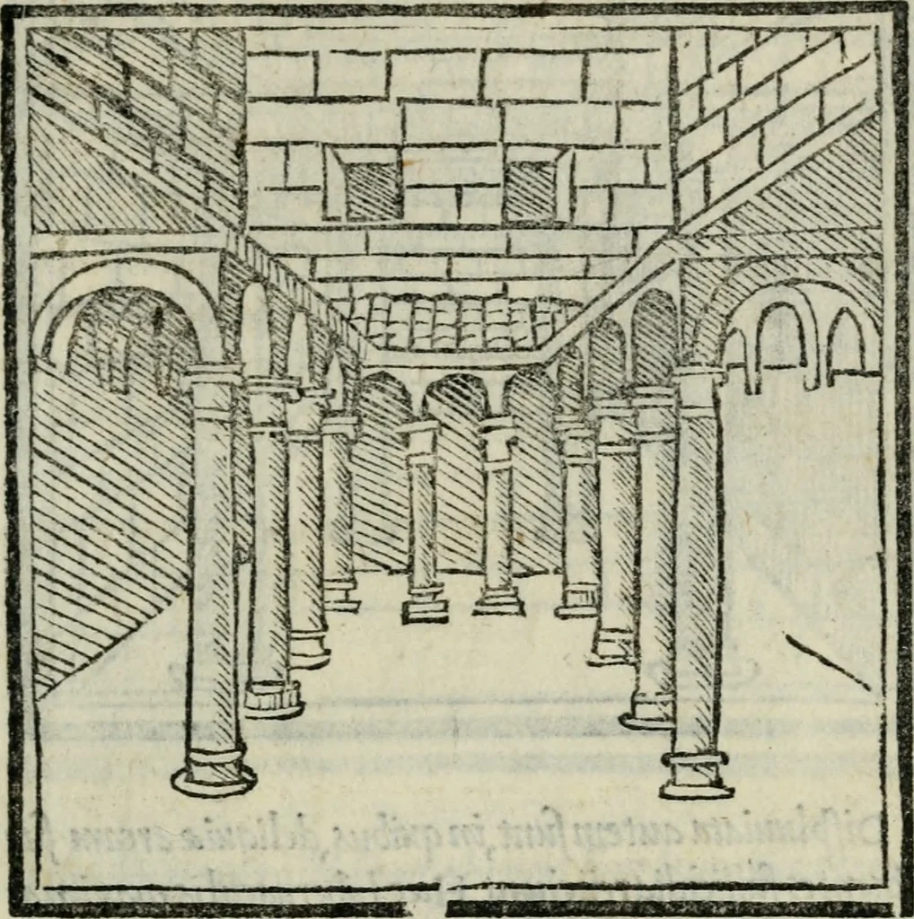 An illustration from M. Vitrvvii De architectvra libri decem : nuper maxima diligentia castigati atq[ue] excusi : additis Iulij Frontini De aqueductibus libris propter materiae affinitatem, 1522, leaf 212
