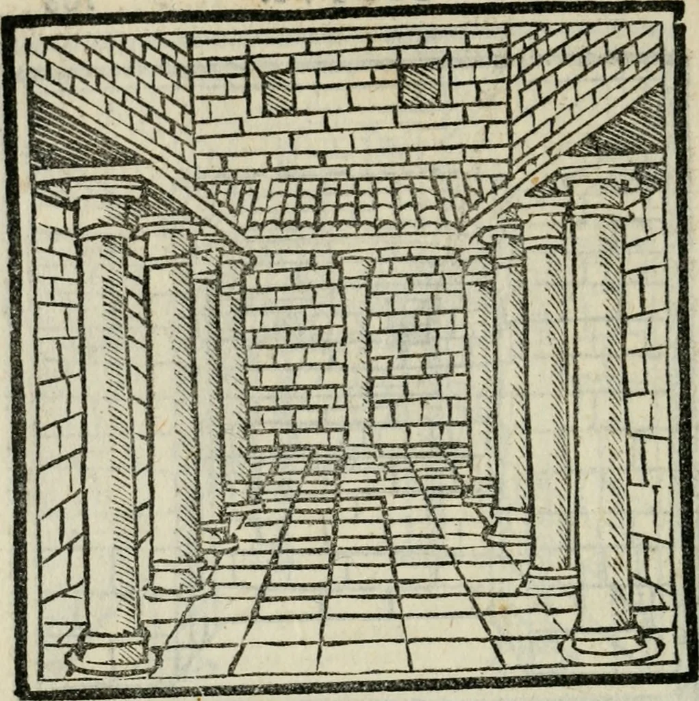An illustration from M. Vitrvvii De architectvra libri decem : nuper maxima diligentia castigati atq[ue] excusi : additis Iulij Frontini De aqueductibus libris propter materiae affinitatem, 1522, leaf 215