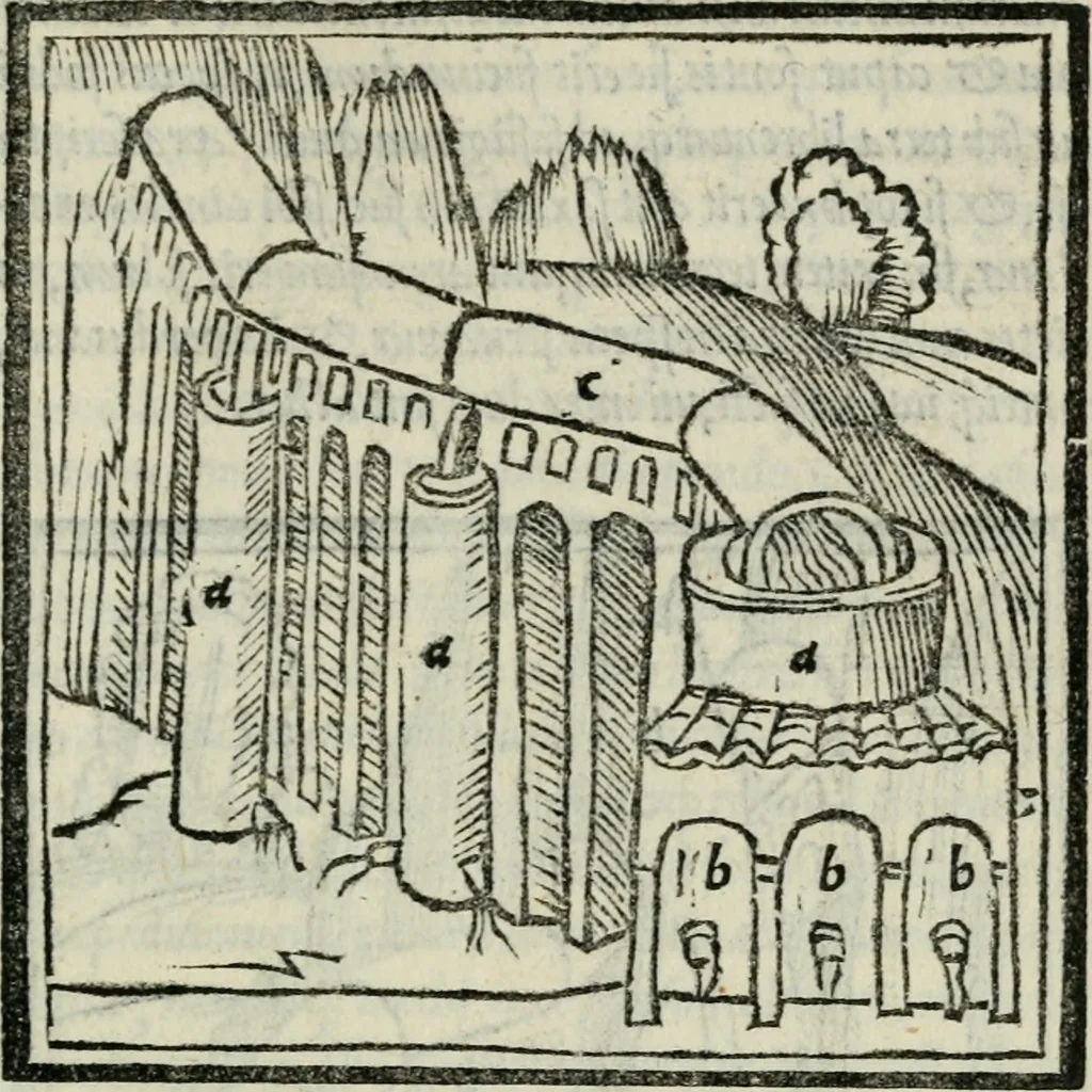 An illustration from M. Vitrvvii De architectvra libri decem : nuper maxima diligentia castigati atq[ue] excusi : additis Iulij Frontini De aqueductibus libris propter materiae affinitatem, 1522, leaf 288