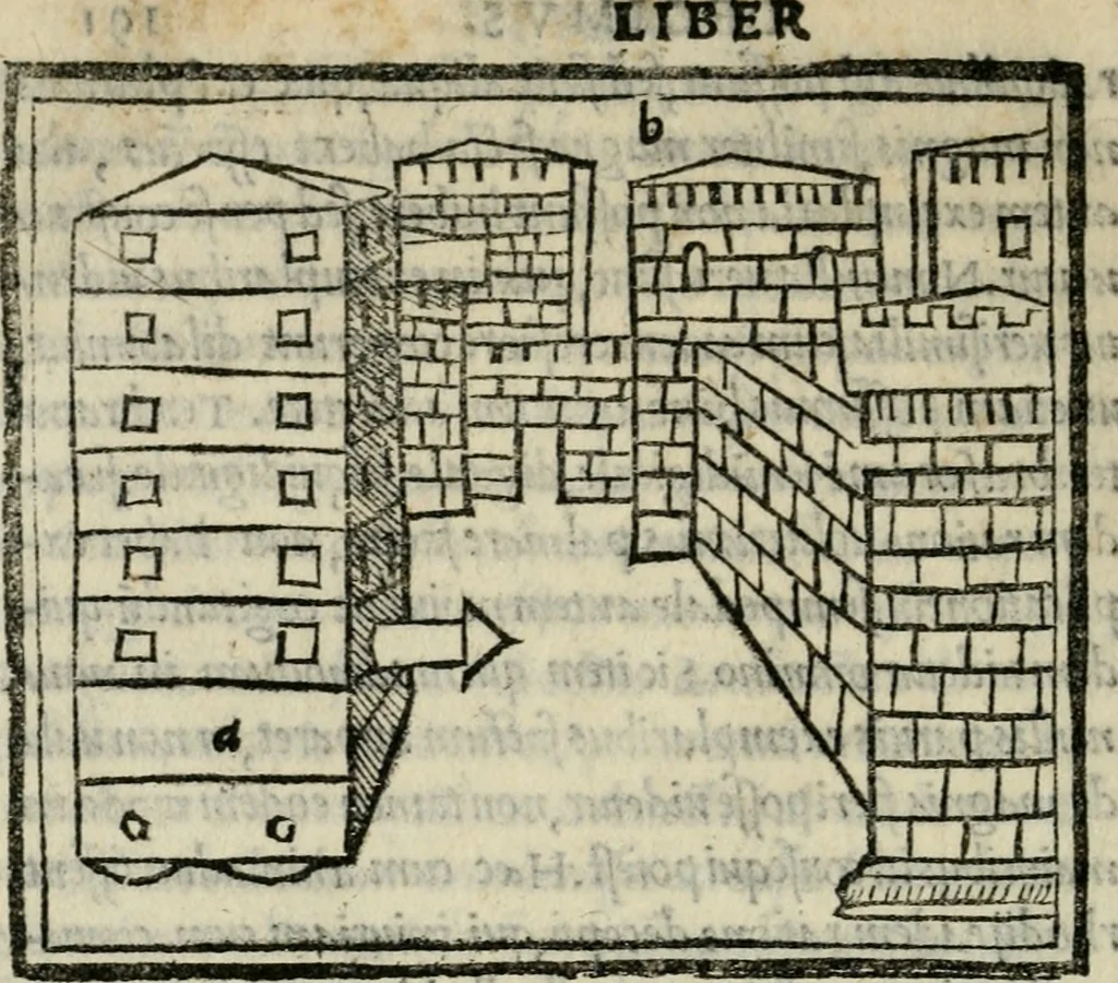 An illustration from M. Vitrvvii De architectvra libri decem : nuper maxima diligentia castigati atq[ue] excusi : additis Iulij Frontini De aqueductibus libris propter materiae affinitatem, 1522, leaf 385