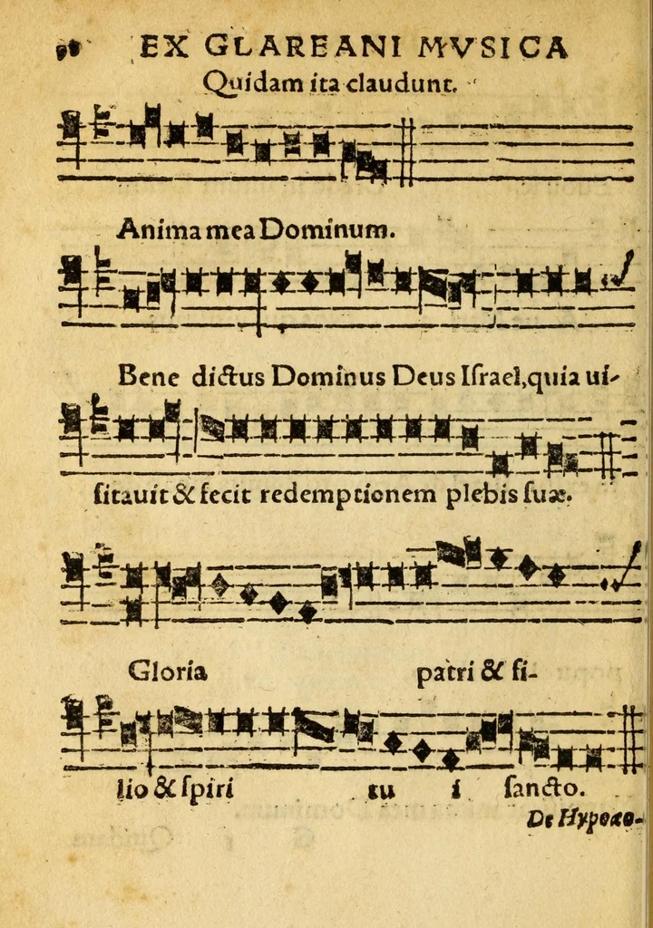 An illustration from Mvsicae epitome ex Glareani Dodechordo vna tum qvinqve melodiis svper eivsdem Glareani Panegyrico de Helveticarum XIII urbium Laudibus, 1559, leaf 116