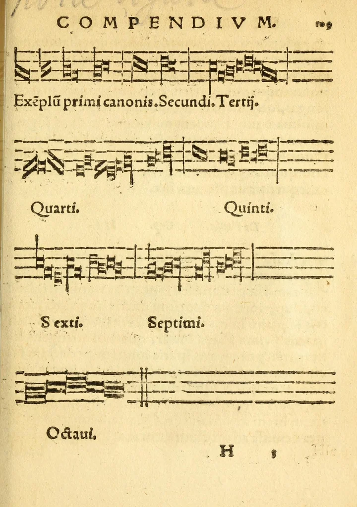 An illustration from Mvsicae epitome ex Glareani Dodechordo vna tum qvinqve melodiis svper eivsdem Glareani Panegyrico de Helveticarum XIII urbium Laudibus, 1559, leaf 127