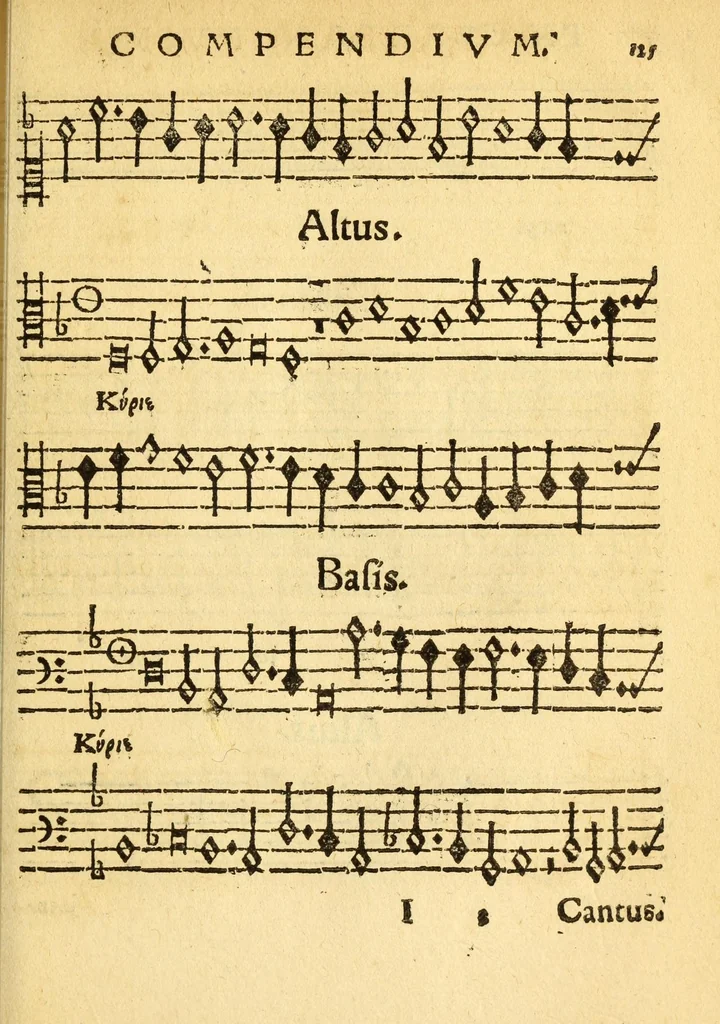 An illustration from Mvsicae epitome ex Glareani Dodechordo vna tum qvinqve melodiis svper eivsdem Glareani Panegyrico de Helveticarum XIII urbium Laudibus, 1559, leaf 143