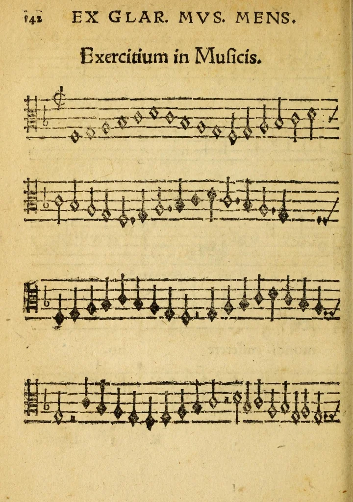 An illustration from Mvsicae epitome ex Glareani Dodechordo vna tum qvinqve melodiis svper eivsdem Glareani Panegyrico de Helveticarum XIII urbium Laudibus, 1559, leaf 160