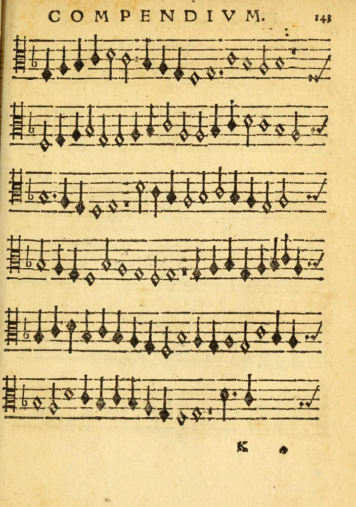 An illustration from Mvsicae epitome ex Glareani Dodechordo vna tum qvinqve melodiis svper eivsdem Glareani Panegyrico de Helveticarum XIII urbium Laudibus, 1559, leaf 161