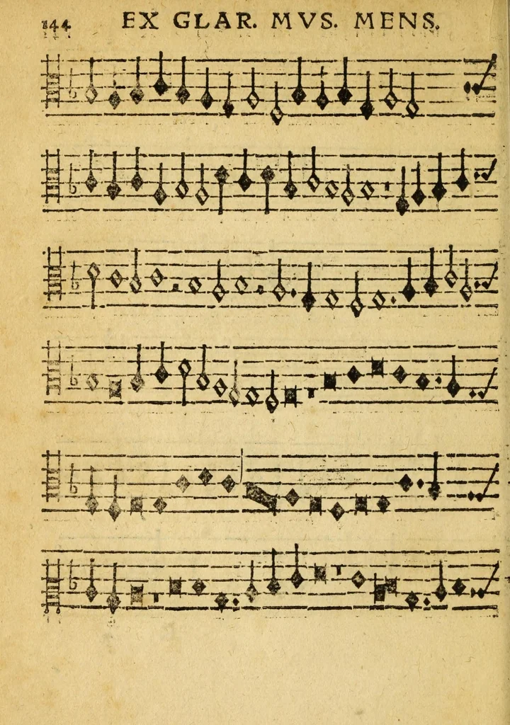An illustration from Mvsicae epitome ex Glareani Dodechordo vna tum qvinqve melodiis svper eivsdem Glareani Panegyrico de Helveticarum XIII urbium Laudibus, 1559, leaf 162