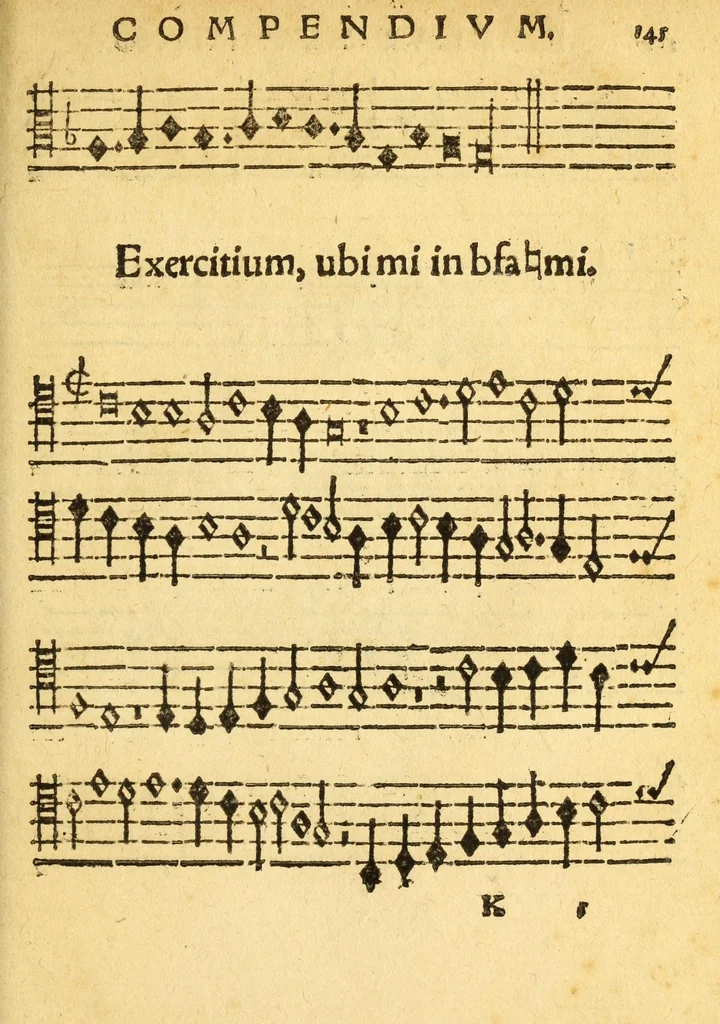 An illustration from Mvsicae epitome ex Glareani Dodechordo vna tum qvinqve melodiis svper eivsdem Glareani Panegyrico de Helveticarum XIII urbium Laudibus, 1559, leaf 163