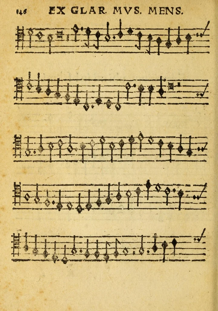 An illustration from Mvsicae epitome ex Glareani Dodechordo vna tum qvinqve melodiis svper eivsdem Glareani Panegyrico de Helveticarum XIII urbium Laudibus, 1559, leaf 164