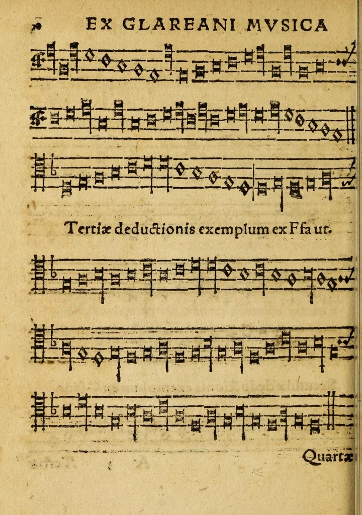 An illustration from Mvsicae epitome ex Glareani Dodechordo vna tum qvinqve melodiis svper eivsdem Glareani Panegyrico de Helveticarum XIII urbium Laudibus, 1559, leaf 28